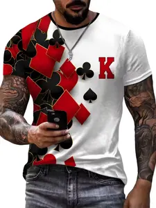 Men's 3D Print Poker Spades Fitted Long T-Shirt, Bold Graphic Geometric Diamonds & Hearts Design, Elastic Round Neck Short Sleeve, All-Season Comfort, Menswear