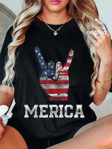 100% Cotton Merica Rock Sign 4th of July Vintage American Flag Retro USA T-Shirt