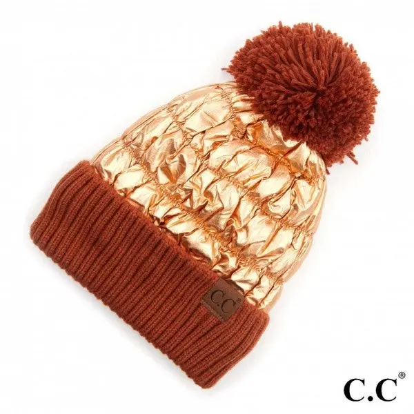 C.C Metallic Rose Gold/Orange Puffy Pom Beanie Hat with Cuff