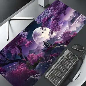 Purple Moonlit Temple Fantasy Oriental Art Large Gaming Mouse Pad, Computer Desk Pad, Stylish Desk Protector with Non-Slip Rubber, Multi-Size for Laptop & Desktop Use, Desktop Accessory, Gaming Desk Mat