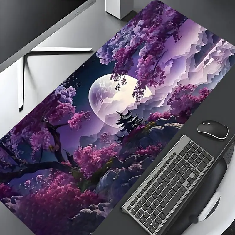 Purple Moonlit Temple Fantasy Oriental Art Large Gaming Mouse Pad, Gaming Deskmat, Computer Desk Pad, Stylish Desk Protector with Non-Slip Rubber, Multi-Size for Laptop & Desktop Use, Desktop Accessory, Gaming Desk Mat