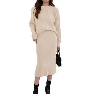 Chouyatou Women Two Piece Set Knit Sweater Top with Bodycon Skirt