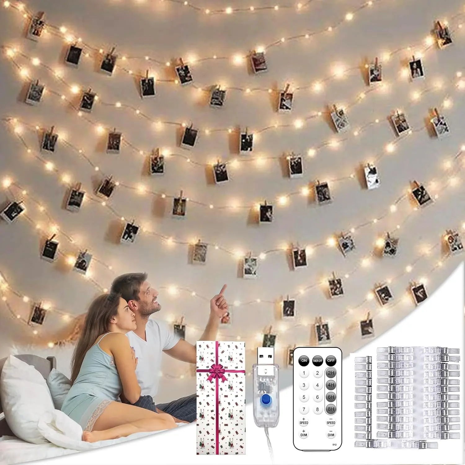 40Ft 120LED Hanging Picture Fairy Lights with 50 Clips - 8 Modes, Timer, Waterproof - Teen Girl Gift for Birthday, Room Accessories, Home Decor, Whimsical Girl Room Decor, LED Lights, Dorm Bedroom Wall Décor