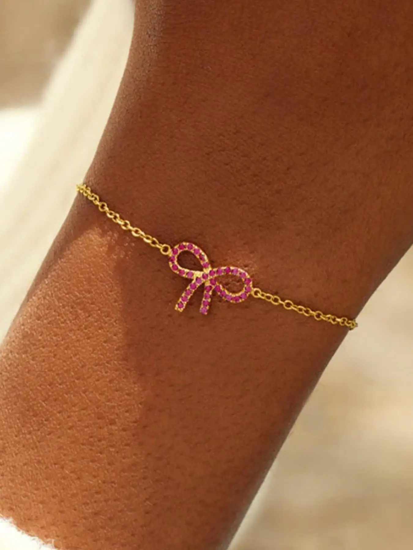 925 Sterling Silver Pink Zircon Bow Decor Bracelet, Fashionable Jewelry for Women & Girls, Trendy All-match & Exquisite Jewelry for Birthday Gift