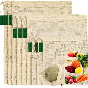 Reusable-Cotton-Mesh-Produce-shopping-Bags-Washable Eco Friendly Premium See Through Lightweight Net zero Bulk Bags for Veggie Fruit Vegetable Grocery Storage (9 Pieces) Farmers Market