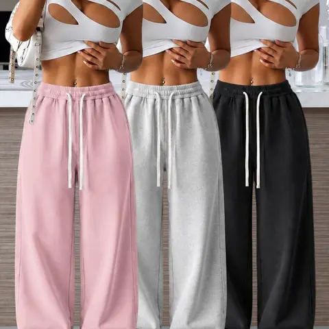 Women’s Heavyweight Cotton Straight-Leg Fleece-Lined Loose-Fit Long Pants - Basic Minimalist Lady Sportswear Activewear for Autumn/Winter Warmth with Fluid Drape