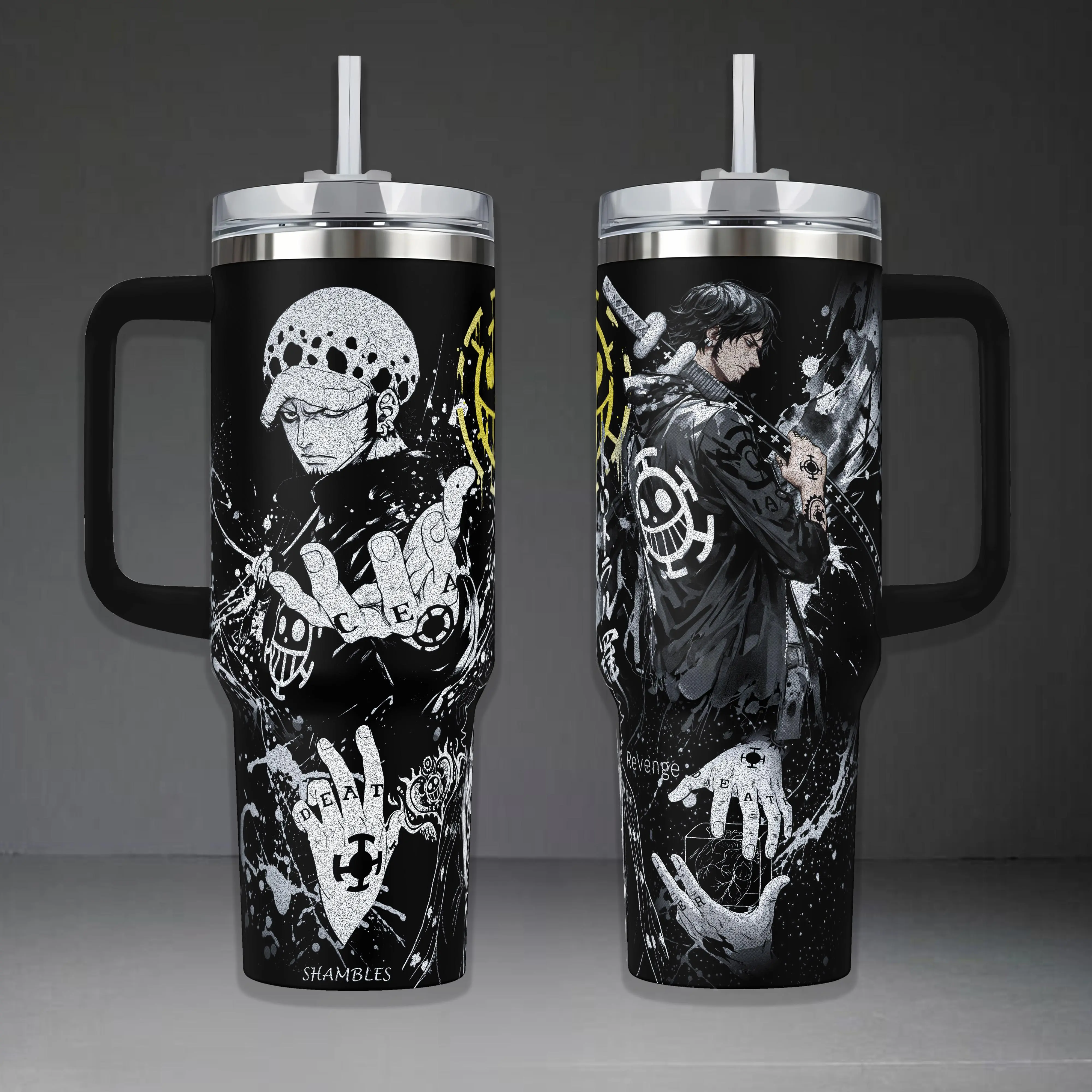 Trafalgar Law Surgeon of Death 40oz Insulated Tumbler with Handle, Heart Pirates Jolly Roger One Piece Travel Mug, Ope Ope no Mi Double Printed Vacuum Flask, Anime Fan Collectible Gift, Heavy Duty Stainless Steel Cup with Straw
