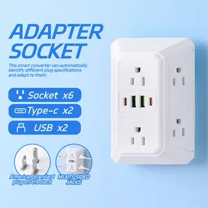 Multi-functional surge protected socket - 5-6 hole socket extender with 4 USB ports (2 USB-C high-speed ports), three-sided power strip, adapter included, and well-spaced sockets - ETL certified multi-socket.