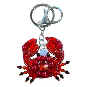 Crab Beaded Bag Charm - Red Beaded Keychain with Silver Key Ring and Crystal Center