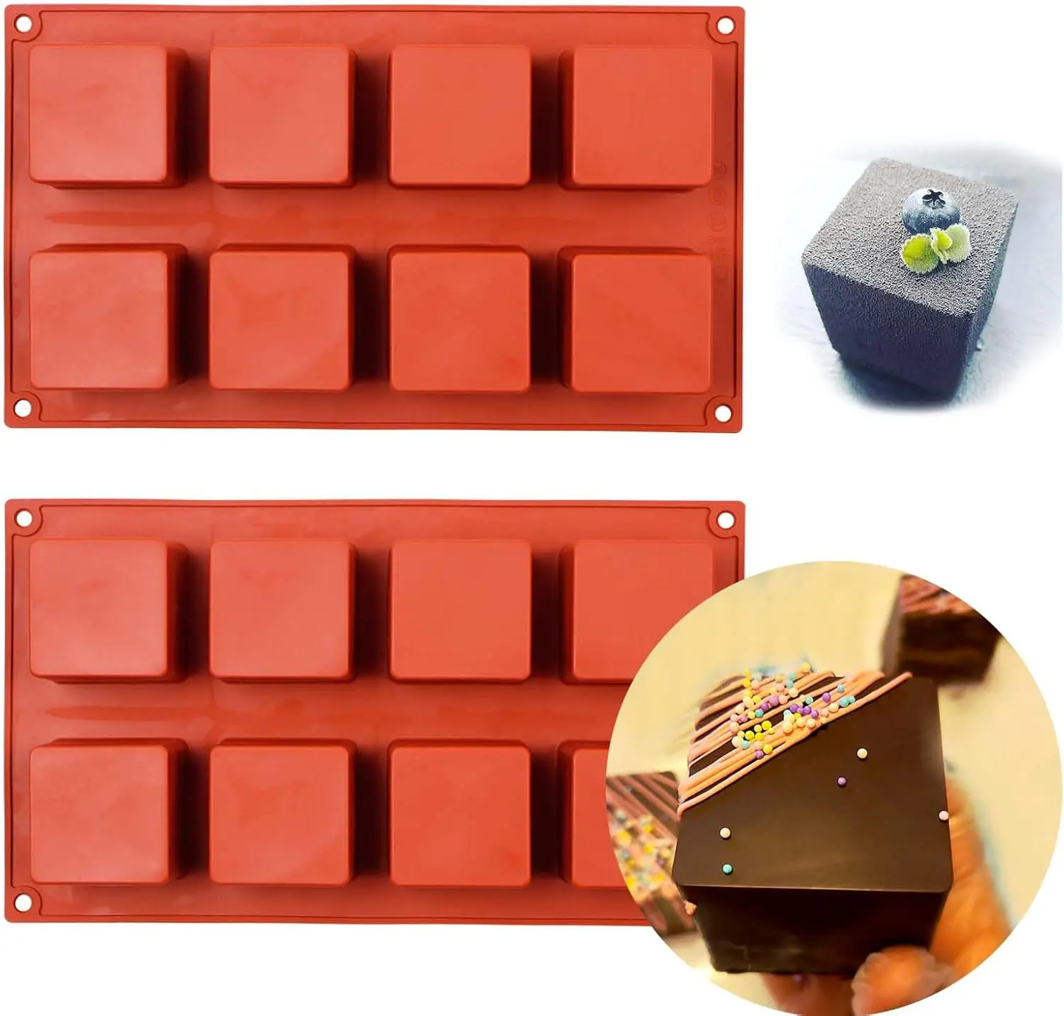 2-Pack Large Square Silicone Baking Molds - 8-Cavity 4.8oz Baking Tins - Rubik Cube Shape Bakeware for Candy, Mousse Cake, Cheesecake, Dessert - Kitchen Supplies for Dessert Parties, Up to +446f