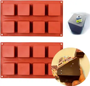 2 Pack Large Square Silicone Molds, Candy Cake Mould, 8-Cavity Chocolate Molds for Baking Mousse Cake Dessert Cheesecake Pop Truffle Caramels Jelly Brownie for Party