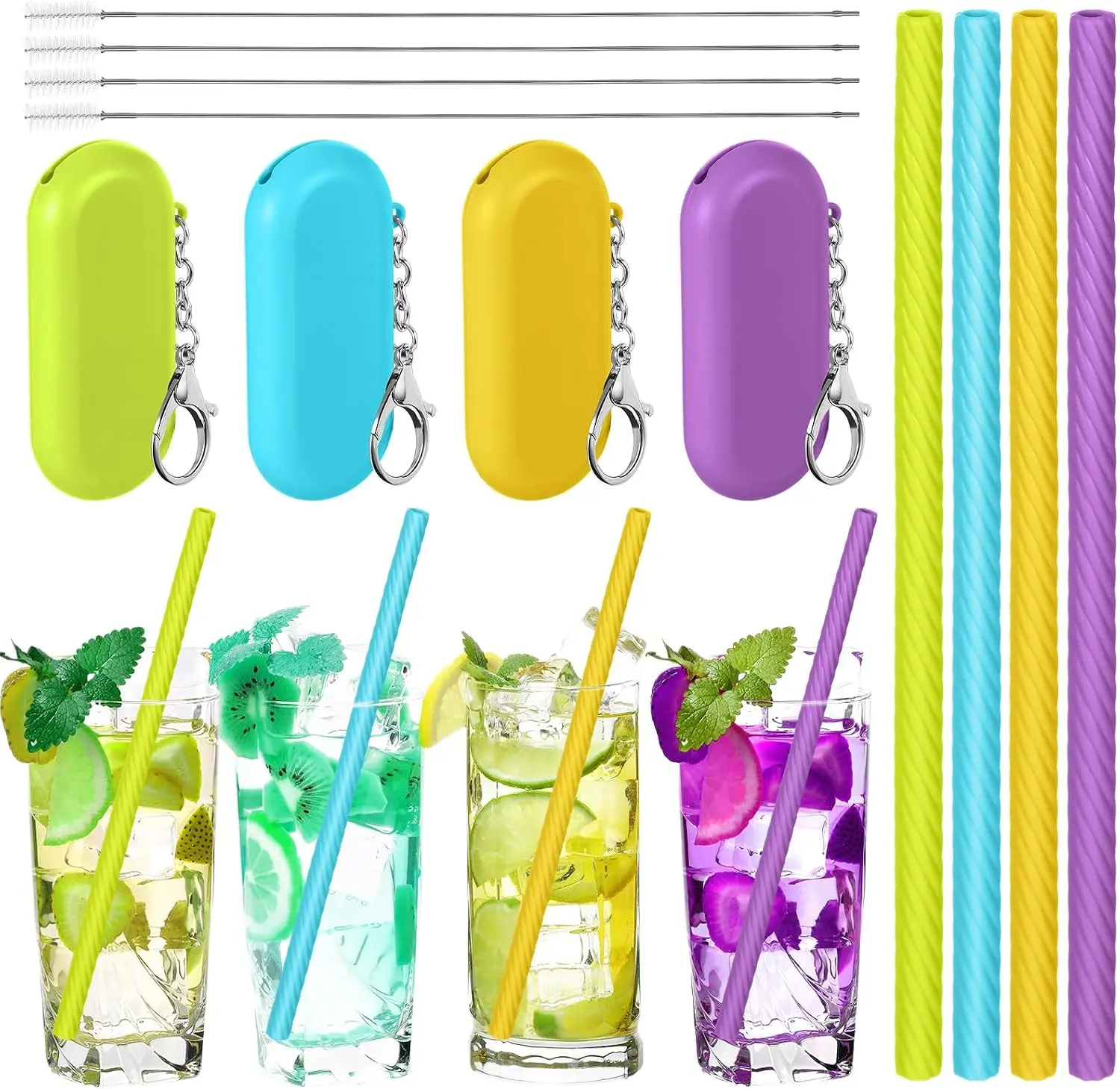 4 Sets Cruise Ship Essentials,4 Set Silicone Straws with Case Reusable Silicone Portable Drinking Straw Set for Party Travel Cold or Hot with 4 Carry Case, 4 Cleaning Brushes (Multicolor)