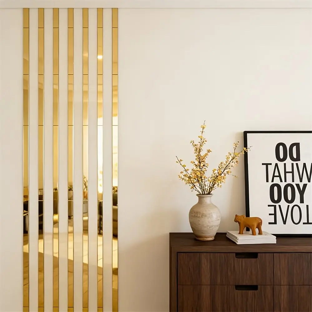 10 pieces of gold long acrylic mirror wall sticker, self-adhesive decorative strip, size 5X50cm, easy to install, no need for drilling, suitable for fashionable decoration of living rooms, bedrooms, ceiling frames, and TV background walls Decoration Items