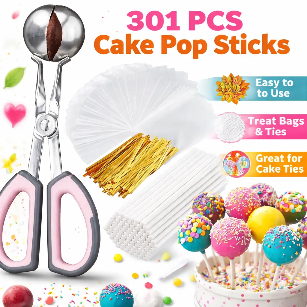 301PCS Food Grade Cake Pop Making Kit - Baking Supplies with 4 inches Sticks, 100 Bags, 100 Twist Ties, 1 Mold Roller - Kitchen Bakeware for Families, Christmas, Birthday Cake Decorating, Lollipops
