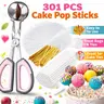 Food Grade 301PCS Cake Pop Making Kit - Sturdy Baking Supplies with 4in Stick Reach, 100 Bags, 100 Gold-Tie Finish Twist Ties, 1 Mold Roller - Kitchen Bakeware for Families, Cake Decoration, Lollipops