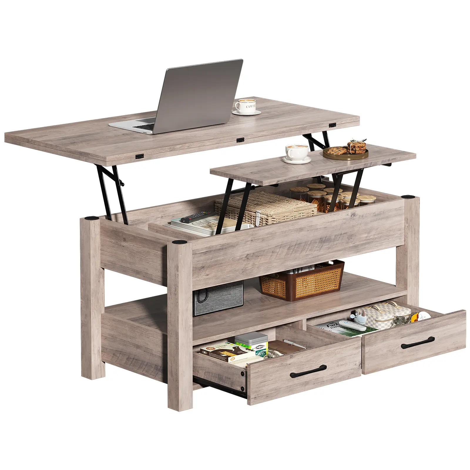 39.4" Convertible Lift Top Coffee Table, 4 in 1 Multifunctional Table Expandable Coffee Table to Dining Table with 2 Drawers and Storage for Small Living Room, Apartment, Board Game