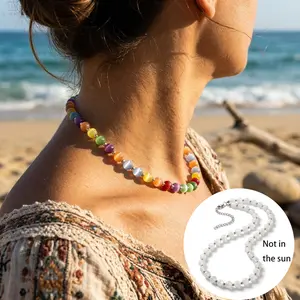 Handmade Rainbow Beaded Necklace & Bracelet Set - Summer Aesthetic Boho Choker - UV Reactive Necklace Water-resistant - Beach Wear bohemian Jewelry, Stackable Daily Wear & Vacation Gift for Her