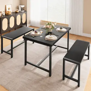 Industrial Dining Table & Bench Set, 44.5×27.6×30.3" Rectangular Dinette with MDF Top & Metal Frame, Space-Saving Design for Living Room, Kitchen & Apartment