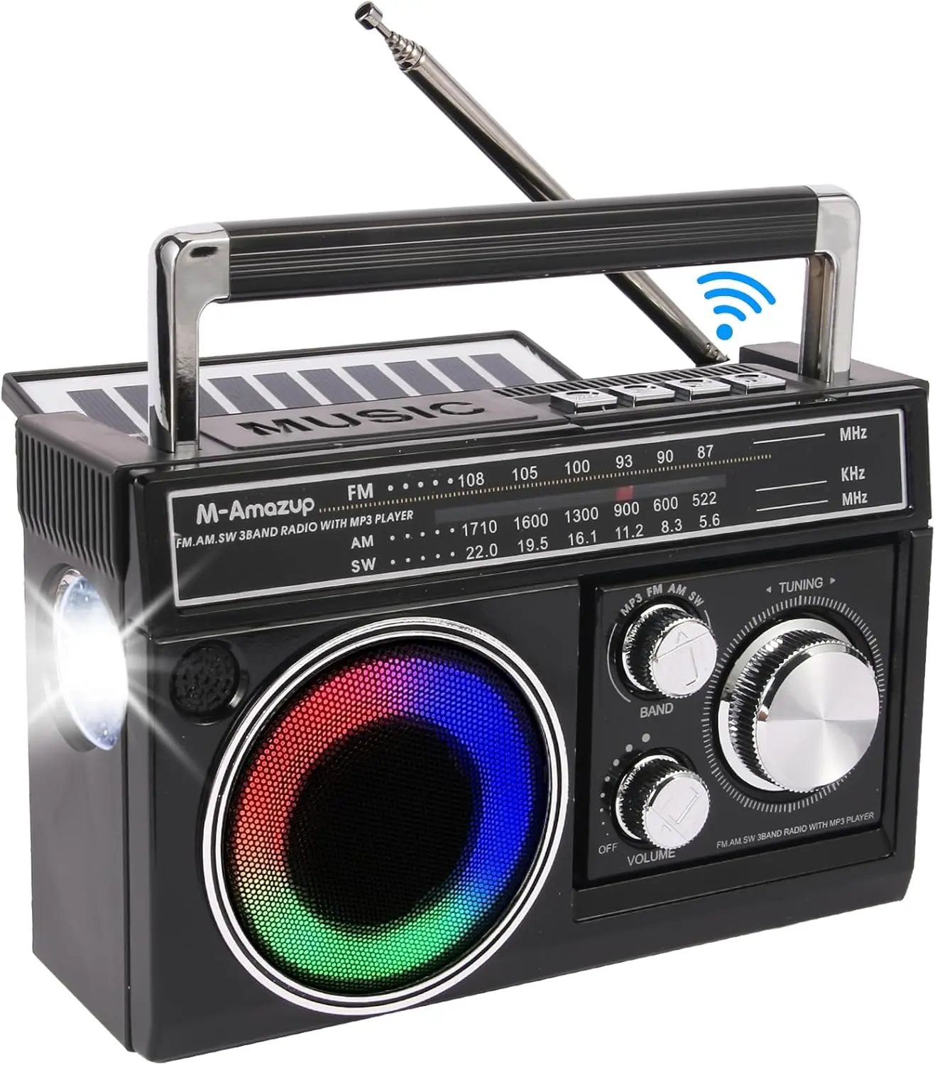 Rechargeable vintage portable radio with Bluetooth speaker, AM/FM/SW shortwave reception, solar-powered emergency radio, USB TF card MP3 music player, ambient RGB lighting, strong antenna signal for home, travel, and outdoor adventures