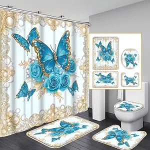 1PC/4PCS 2D Flat Blue Rose and Butterfly Pattern Shower Curtain with Multicolor Background, Modern Home Bathroom Art Decor, Shower Curtain Set with 12 Hooks, Bathroom Non-Slip Mat, Toilet Seat Cover, Bathroom Decoration, Bathroom Decoration Accessories