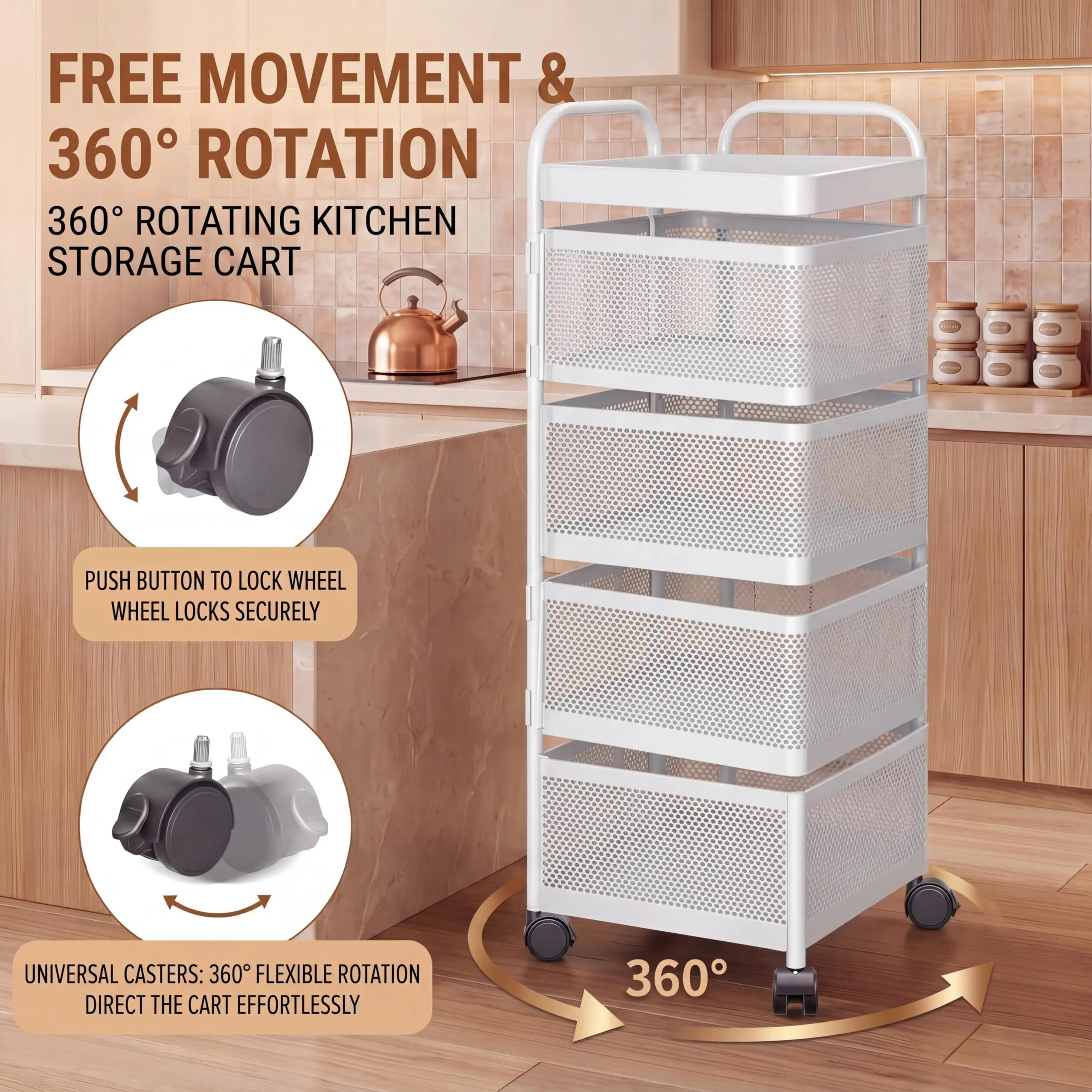 Garvee 360° Rotating Rolling Storage Cart with Wheels, Heavy-Duty Steel Wire Mesh Produce Basket Rack, No-Assembly Organizer for Kitchen Pantry Bathroom - Black, 4/5-Tier