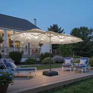15ft Large Patio Umbrella with Base & Solar Lights, Double-Sided Outdoor Rectangle Umbrellas with 36 LED Lights, Umbrella for Outside Garden and Poolside Use
