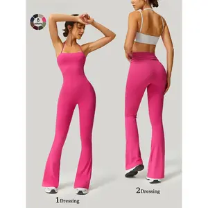 Women's Strapless Suspenders Flared Trousers Fitness Training Tights Sleeveless Yoga Trousers Peach Hip Sports Leggings Sexy Yoga Bodysuit Abdomen Tucking Fitness Quick Drying Outdoor Workout Suit, Workout Gym Clothing