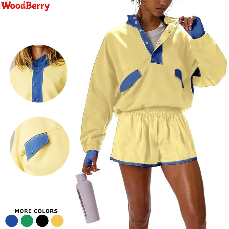 WoodBerry Women's Two Piece Workout Short Sets Summer Lounge Sweatsuits Long Sleeve Athletic Outfits Pullover Sweatshirt and Shorts Travel Tracksuit with Pockets summerwins summerwins Sporty Style Clothes Yoga Clothes Set