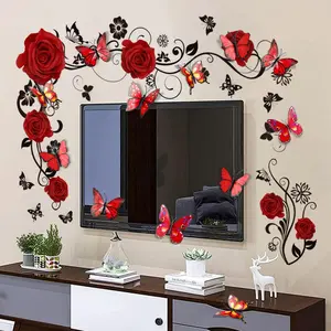 Butterfly & Rose Pattern Wall Sticker, Romantic Wall Decal, Decorative Sticker, Self Adhesive Stickers for Home Living Room Bedroom, Home Decor
