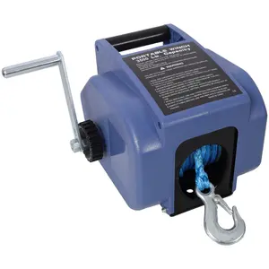 12v Trailer Winch,Reversible Electric Winch, for Boats up to 6000 lbs.,with synthetic rope,with extra pulley hook,power in and power out,with manual function.blue plastic casing