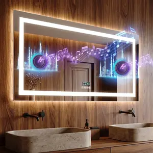 Rectangle LED Bathroom Mirror, Wall Vanity Mirror with Bluetooth Speaker, Date/Time/Temp Display, Dimmable Front-Lit & Backlight, Anti-Fog Smart Mirror for Bathroom Decor