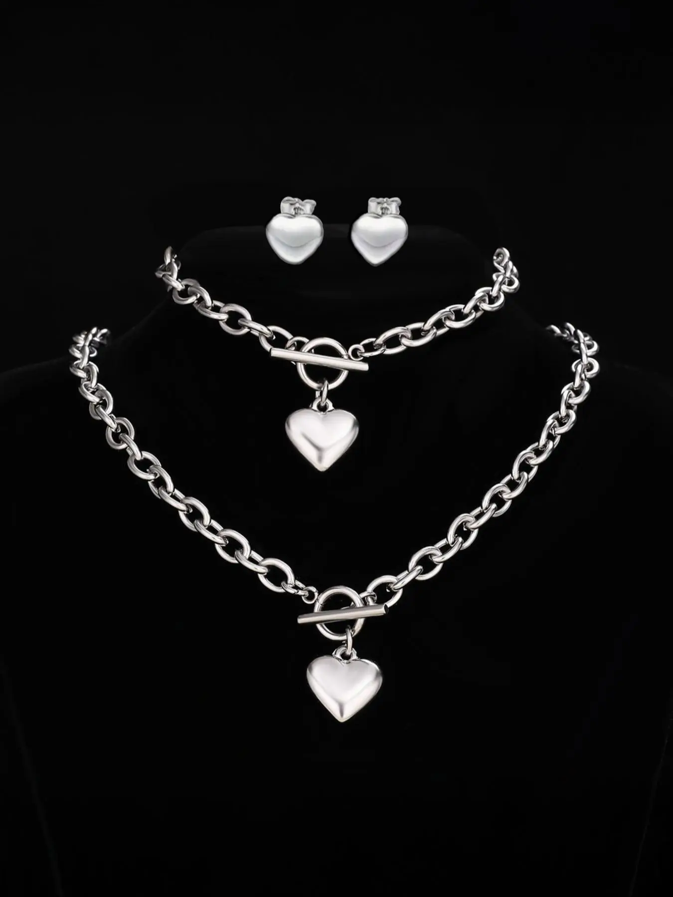Mother's Day Gift Heart Shaped Pendant Necklace & Bracelet & Stud Earrings, Fashion Jewelry for Party, Daily Clothing Decor, Trendy All-match & Exquisite Jewelry for Birthday Gift, Heart Necklace Set, Fashionable Jewelry Set