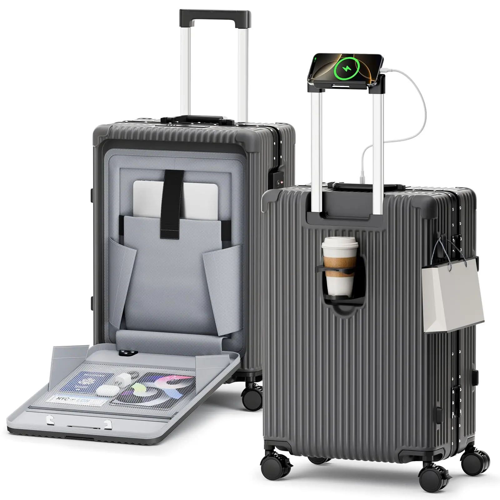 20in Airline Approved Carry On Luggage - Aluminum Frame Zipperless TSA Lock Suitcase with Front Pocket, 360°Spinner Wheels with Brake, PC Shell, Cup Holder, Phone Holder, USB Charger Port, Side Hook, Gray for Traveling