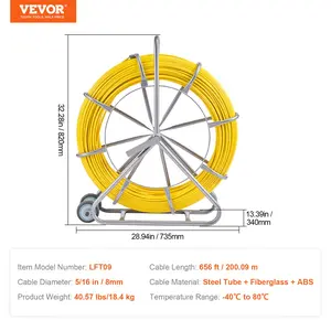 VEVOR Fish Tape Fiberglass, 656 ft, 5/16 in, Duct Rodder Fishtape Wire Puller, Cable Running Rod with Steel Reel Stand, 3 Pulling Heads, Fishing Tools for Walls and Electrical Conduit, Non-Conductive