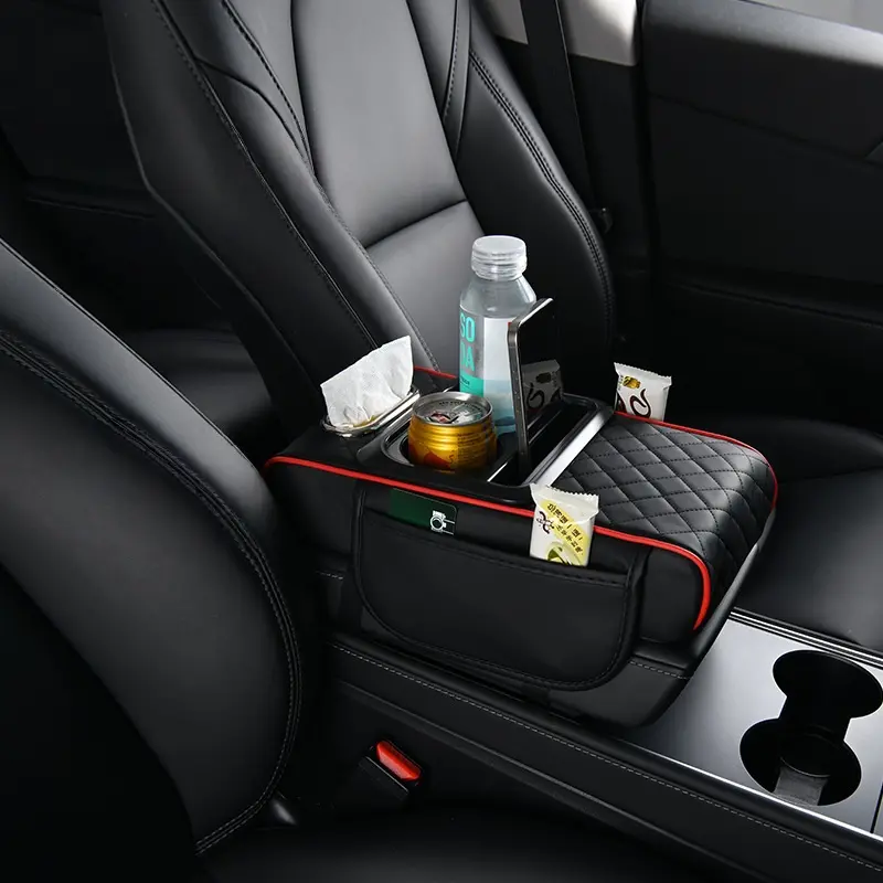 AutoVerve Elite Car Armrest Box Storage Bag Multifunctional PU Leather Mat with Cup Holder Tissue Box Central Elbow Heightening for Car Console Organization,box cushion,multifunctional car armrest box,4-in-1 armrest elbow pad