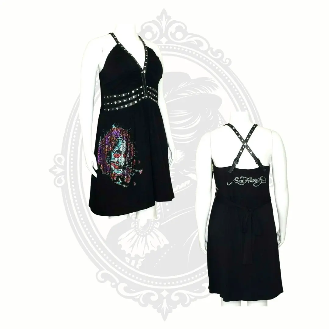 Ed Hardy Rhinestone Skull Dress – Black Studded Gothic Glam 3X NWOT