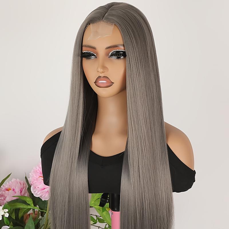 4*2 Inch Dark Grey Wigs for Women Long Straight Synthetic Small Lace Front Wig 26 Inch Middle Part Heat Resistant Gray Hair Replacement Wigs for Cosplay Daily Party Use