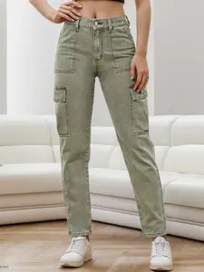 Wide Straight Leg Cargo Pants for Women Mid Waist High Stretchy Vintage Solid Multi Flap Pocket Long Work Pants