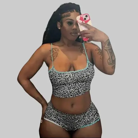 Women's 2-Piece Animal Print Bodycon Set - Sleeveless Cami Top with Contrast Lace Straps, Mid-Waist Above-the-Knee Shorts, Summer Beach & Going Out Outfits, Sohochic | Clothing Women Going Out