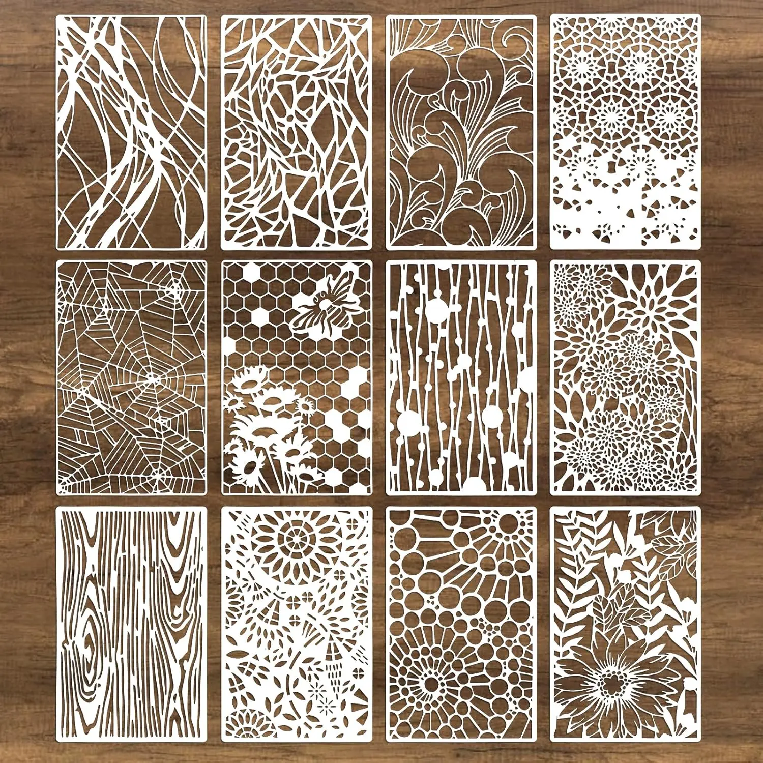 Mixed Stencils Painting 12Pcs  Art Stencils Crafts Reusable Wood Grains Flower Texture Templates Spider