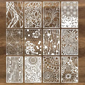Mixed Stencils Painting 12Pcs  Art Stencils Crafts Reusable Wood Grains Flower Texture Templates Spider