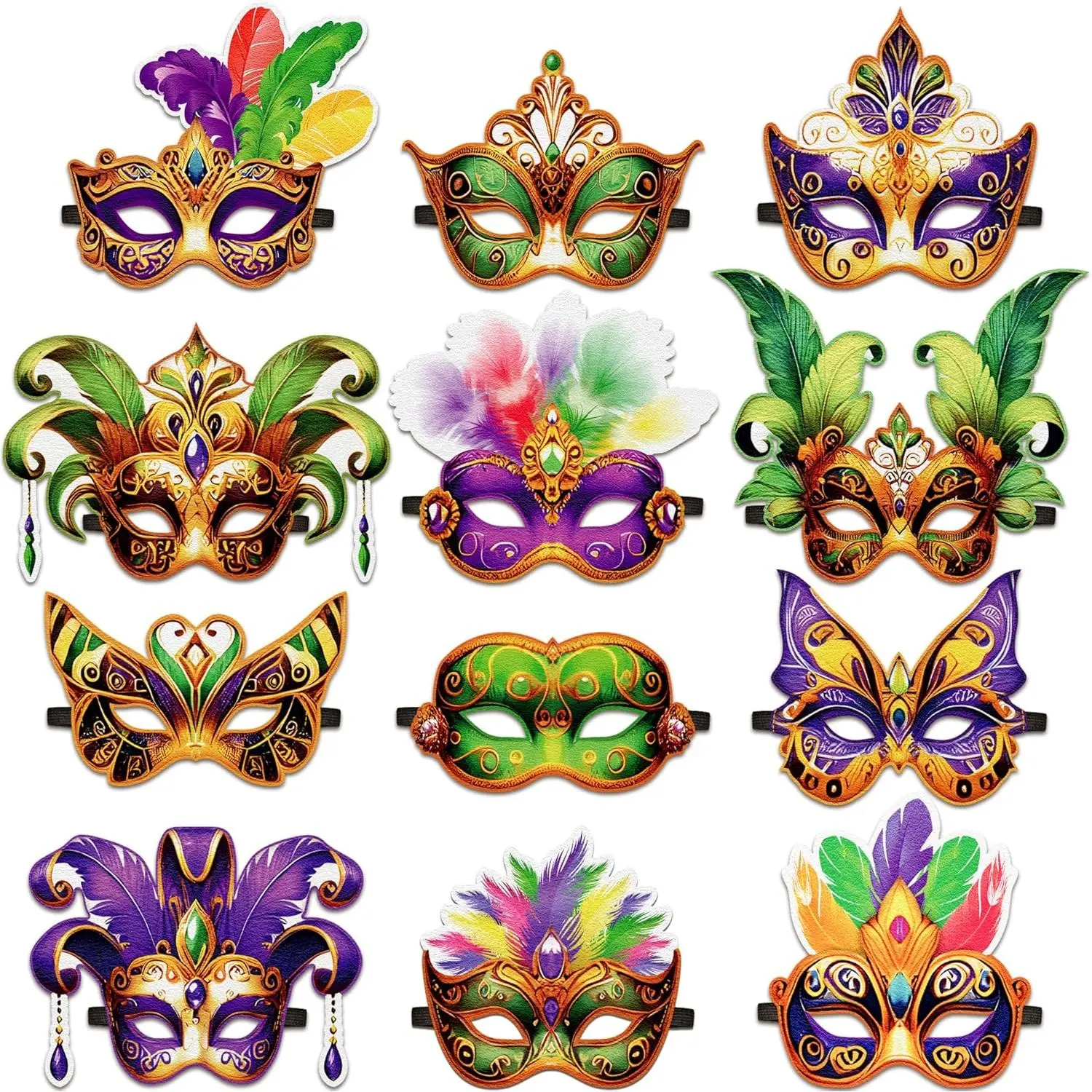16PCS Mardi Gras Masks Bulk Set: Masquerade Party Decorations Carnival Favors(Felt)