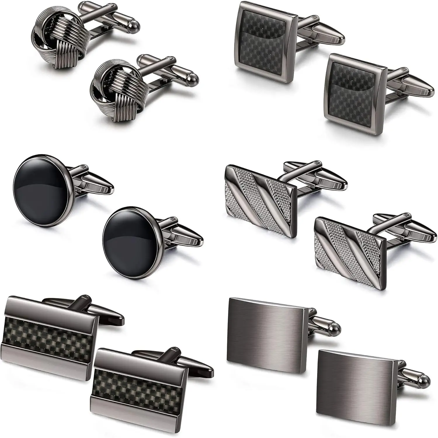 Milacolato Male Cufflinks Set, Classic Black Brass Metal Cuff Links with Flexible Back, Round-Square-Rectangle Shapes for Formalwear Business Shirts, Weddings, Groom Suits, Men’s Gift summerwins