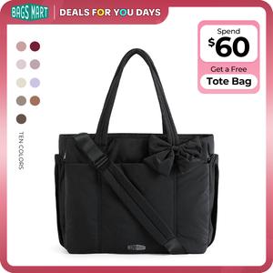BAGSMART Crush Bow Tote Bag for Women, Large Work Tote Bags, Lightweight Travel Tote Bag, 15.6" Laptop Puffy Tote Bag with Removable Bow & Multiple Compartments for Travel Work Beach Gym 20L Capacity DealsForYouDays