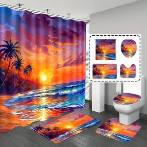 [Popular Choice]1pc/4pcs, bathroom curtains shower, bathroom set, shower curtains, bathroom decor,bathroom rug, bathroom mat, Sunset, Coconut Tree and Beach Pattern, Ocean Theme Decoration, Bathroom Set, with 12 hooks.