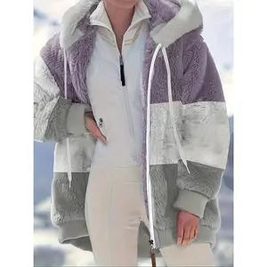 Women's fashionable warm plush hooded color blocked jacket, autumn and winter casual loose jacket with zipper pocket, fashionable long sleeved jacket (gift)RAIMENTRY