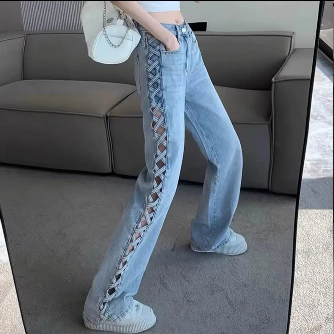 Denim flare jeans, casual style, mid-rise, distressed effect, washed and breathable technique, special offer