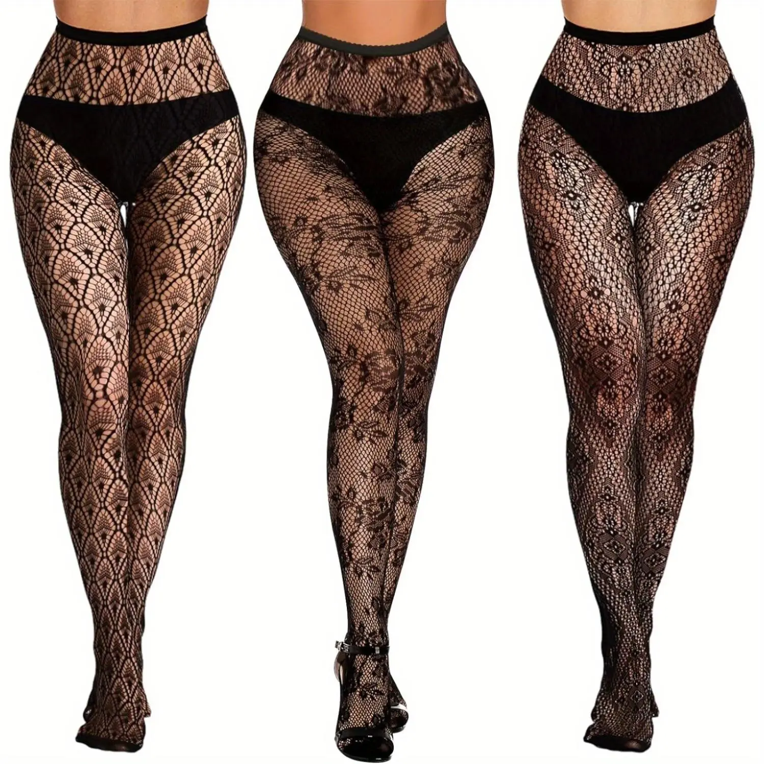 3PCS Lace Patterned Fishnet Tights for Women Black Fishnets Leggings Lace Tights Mesmerized Snug tights Durable Womenswear Allure
