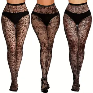 3PCS Lace Patterned Fishnet Tights for Women Black Fishnets Leggings Lace Tights