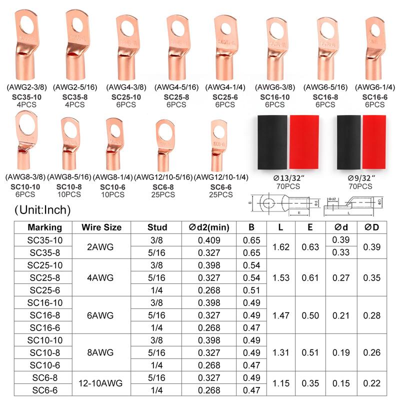 260PCS Copper Wire Lugs,Terminal Connectors,Used on AWG12 10 8 6 4 2 Cable,Heat Shrink Set,Bare Copper Eyelets,Ring Terminals Connectors,120Pcs Battery Cable Lugs Ends and 140Pcs Heat Shrink Tubing